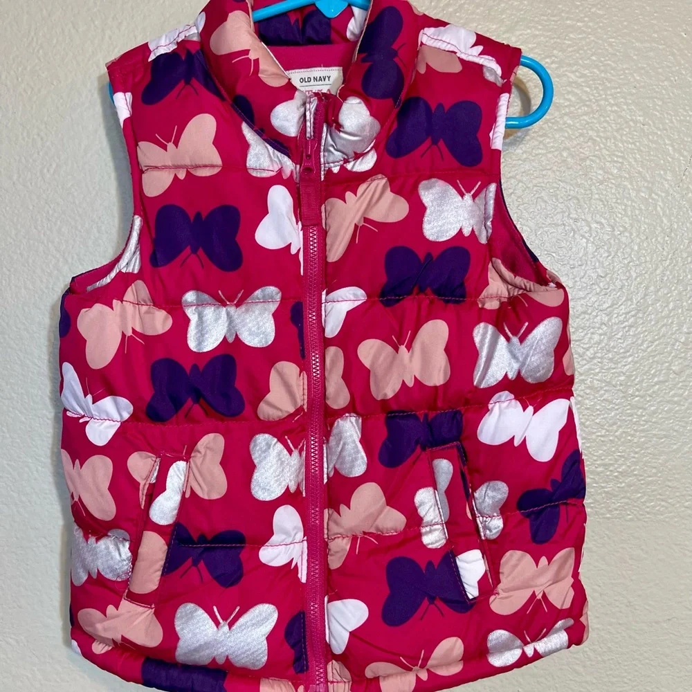 Old Navy Toddler Girls butterfly Red and Pink Puffer Vest 5T